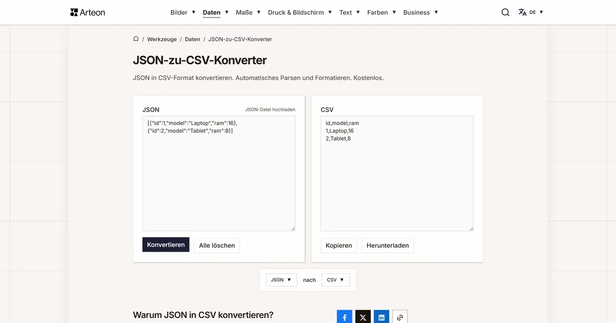 Screenshot des kostenlosen Arteon-Werkzeugs: JSON-zu-CSV-Konverter