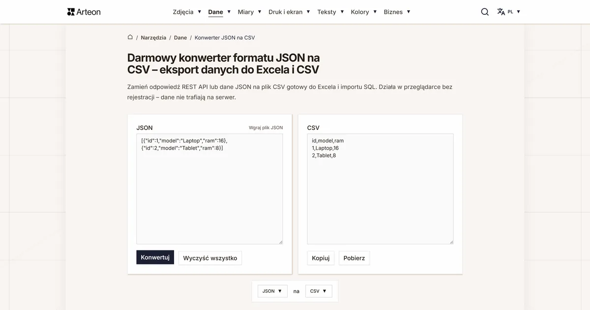 Zrzut ekranu darmowego narzędzia Arteon: Darmowy konwerter formatu JSON na CSV – eksport danych do Excela i CSV