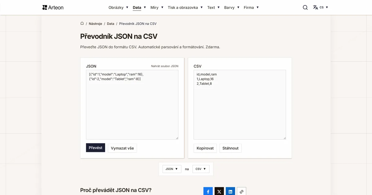 Snímek obrazovky bezplatného nástroje Arteon: Převodník JSON na CSV