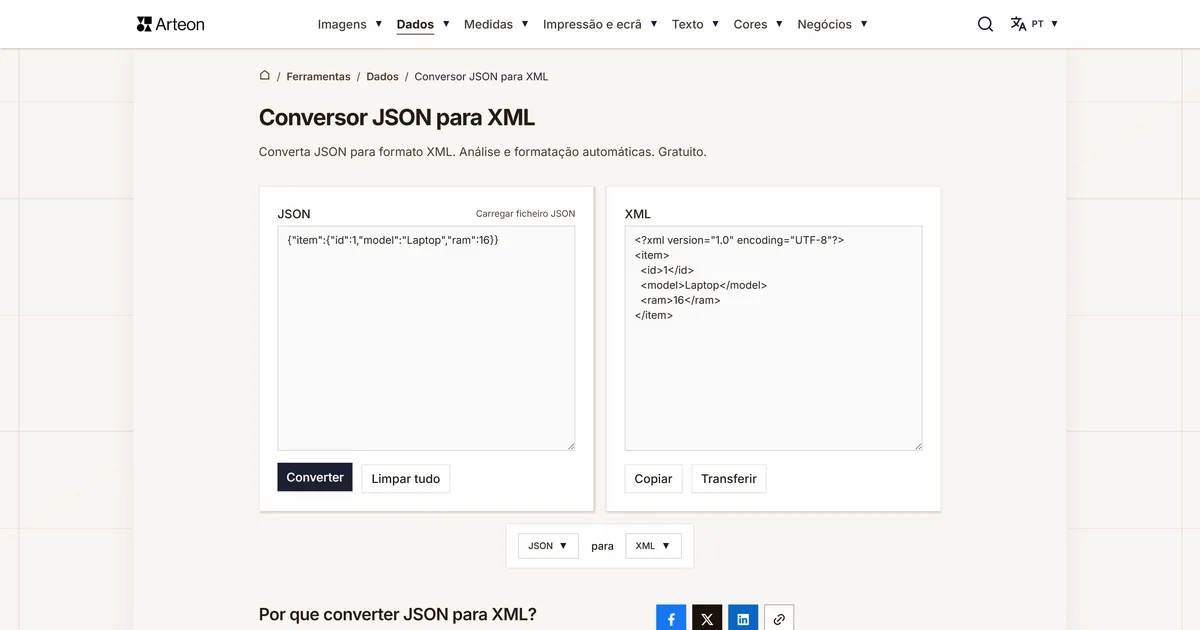 Captura de ecrã da ferramenta gratuita da Arteon: Conversor JSON para XML