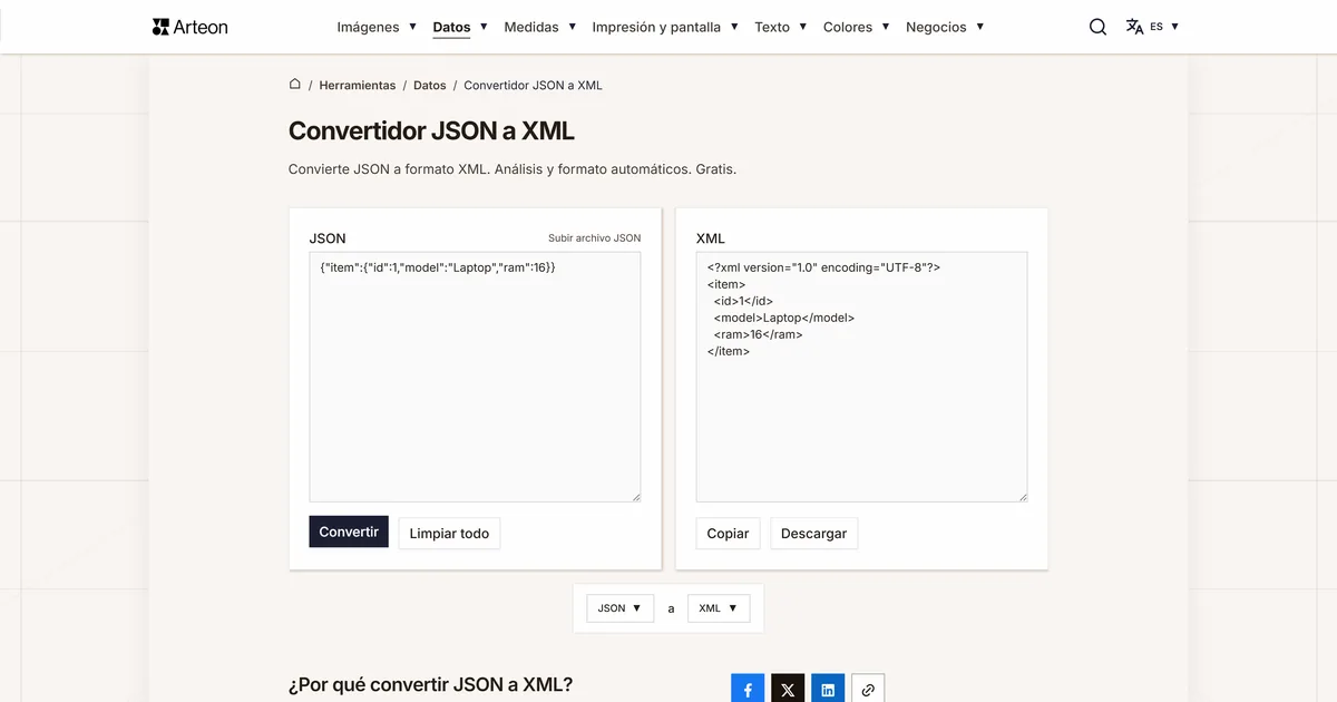 Captura de pantalla de la herramienta gratuita de Arteon: Convertidor JSON a XML