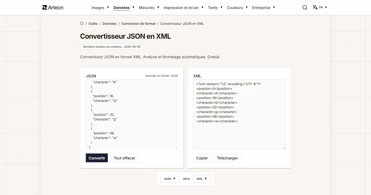 Capture d'écran de l'outil gratuit d'Arteon: Convertisseur JSON en XML