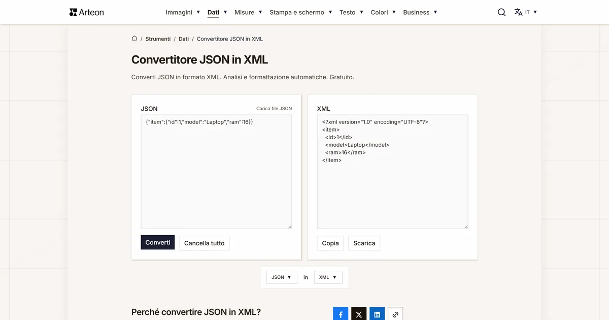 Screenshot dello strumento gratuito Arteon: Convertitore JSON in XML