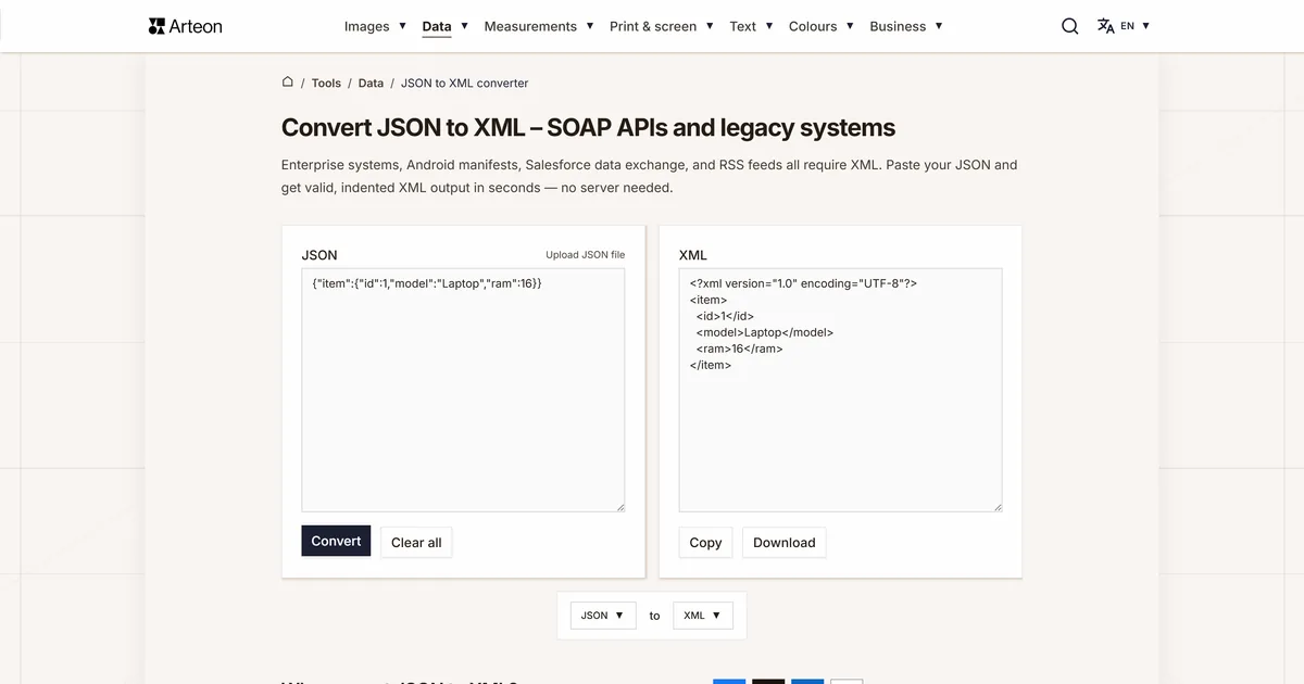 Arteon free tool screenshot: Convert JSON to XML – SOAP APIs and legacy systems