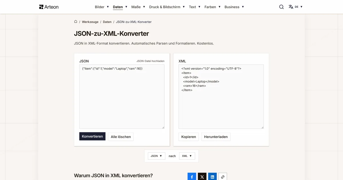 Screenshot des kostenlosen Arteon-Werkzeugs: JSON-zu-XML-Konverter