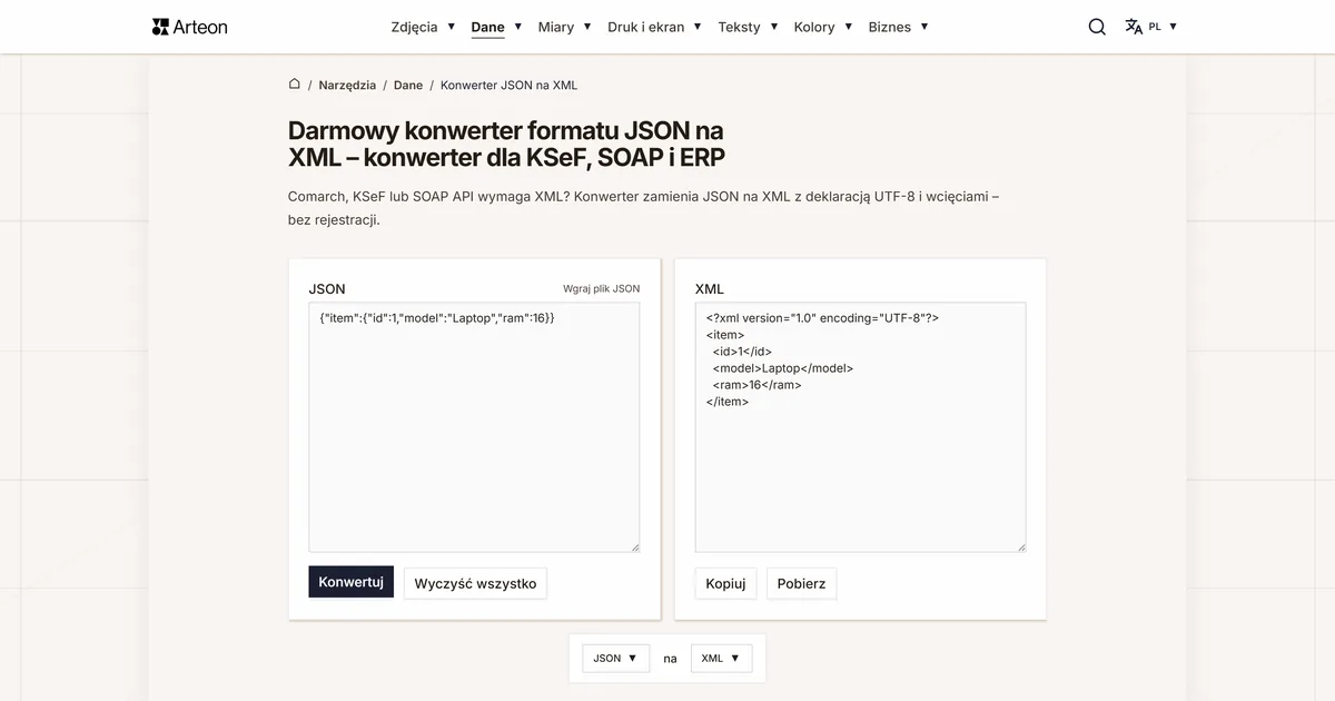 Zrzut ekranu darmowego narzędzia Arteon: Darmowy konwerter formatu JSON na XML – konwerter dla KSeF, SOAP i ERP
