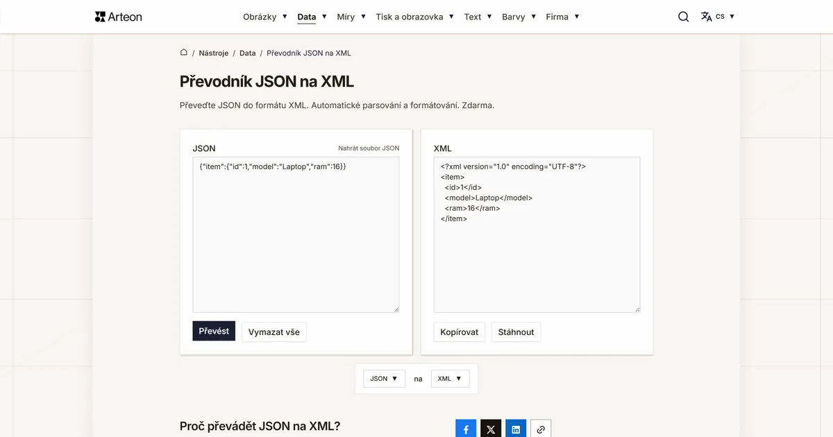 Snímek obrazovky bezplatného nástroje Arteon: Převodník JSON na XML