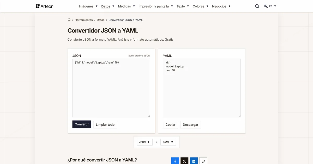 Captura de pantalla de la herramienta gratuita de Arteon: Convertidor JSON a YAML