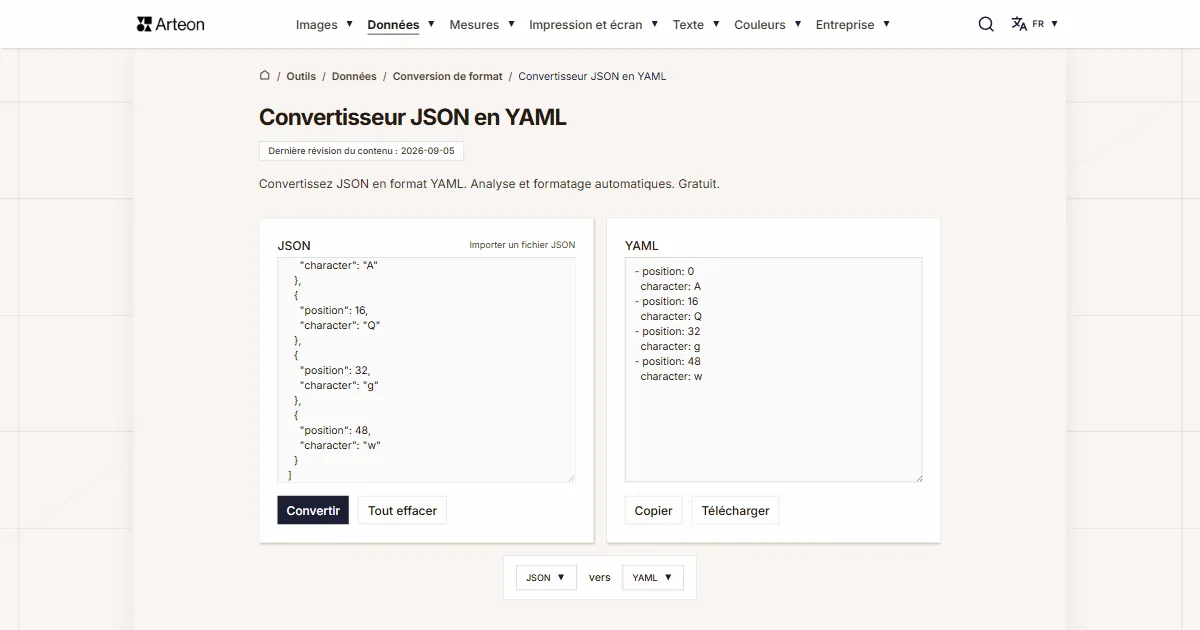 Capture d'écran de l'outil gratuit d'Arteon: Convertisseur JSON en YAML