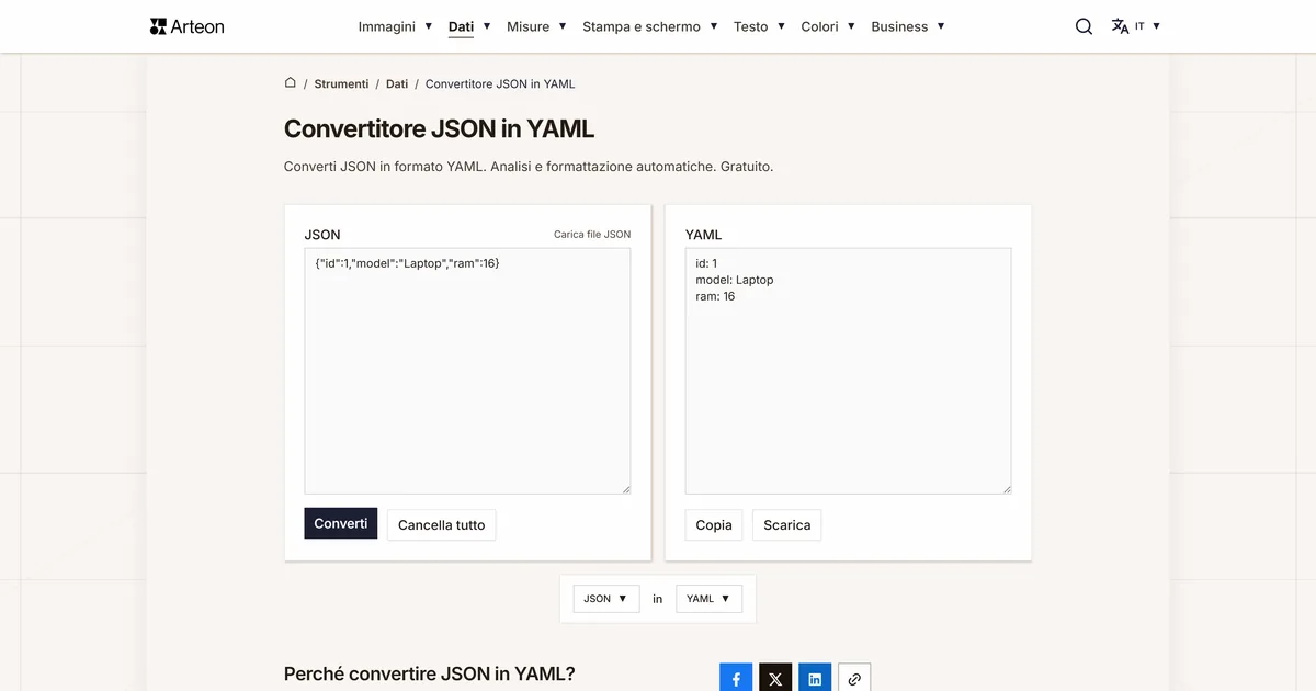 Screenshot dello strumento gratuito Arteon: Convertitore JSON in YAML