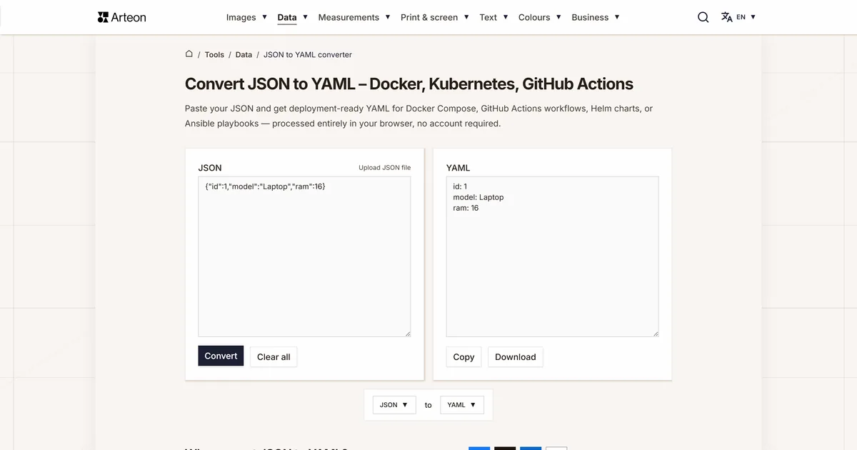 Arteon free tool screenshot: Convert JSON to YAML – Docker, Kubernetes, GitHub Actions