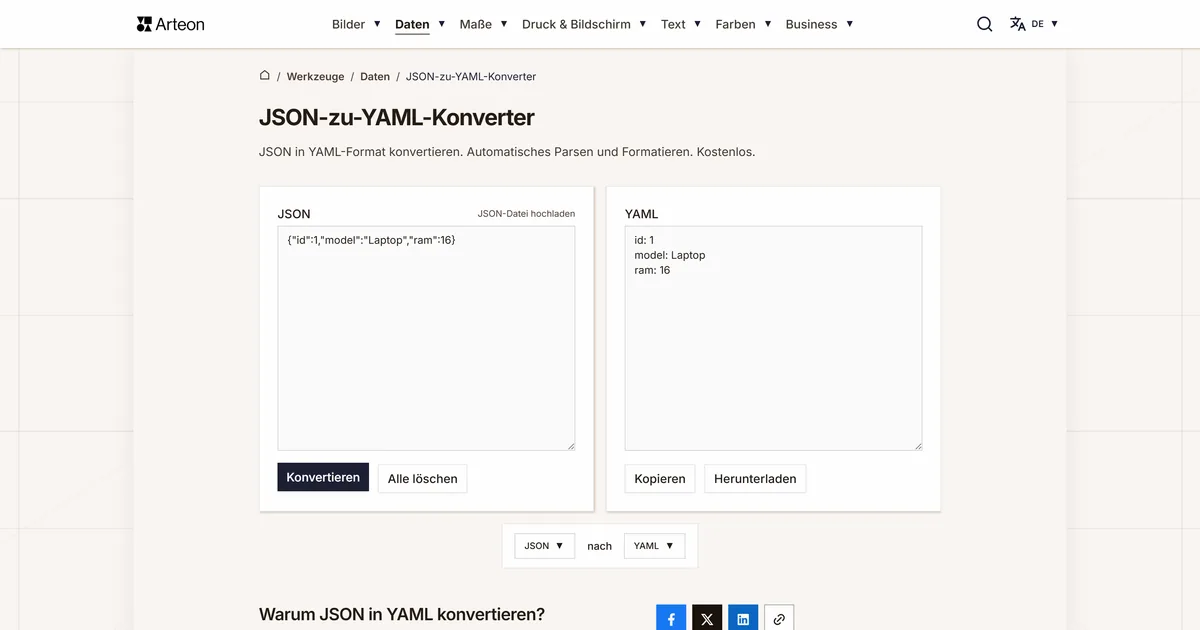 Screenshot des kostenlosen Arteon-Werkzeugs: JSON-zu-YAML-Konverter