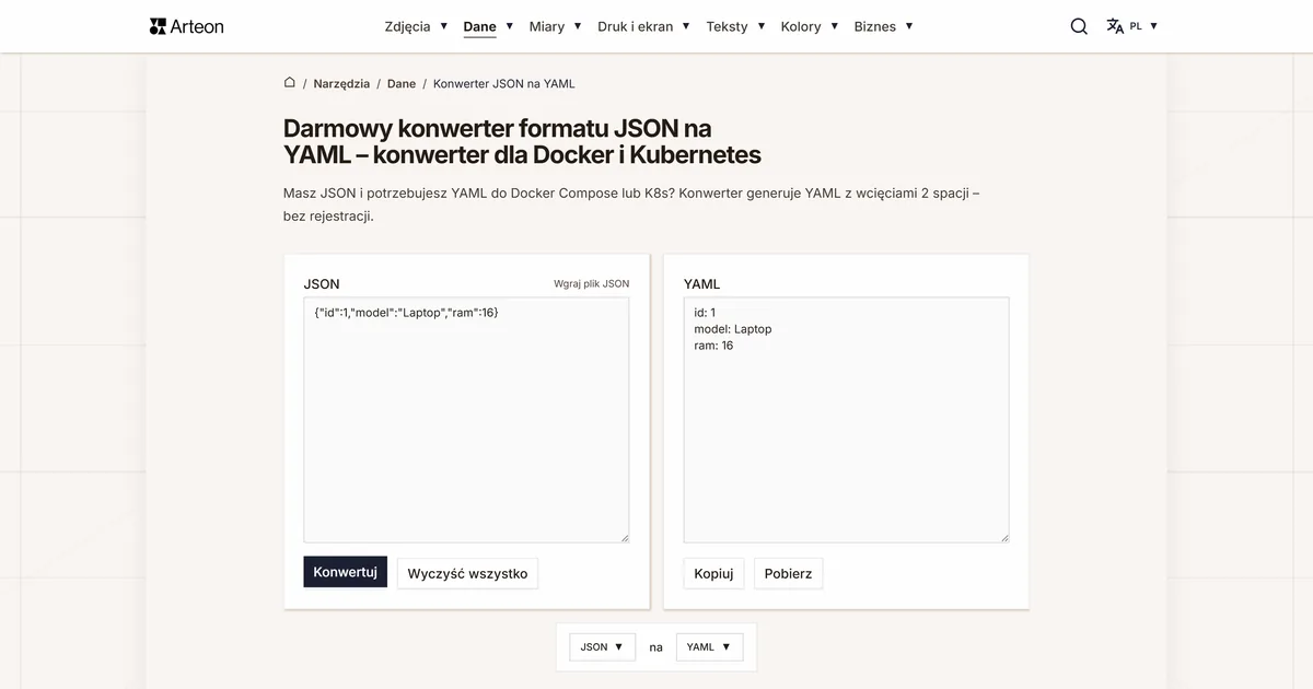 Zrzut ekranu darmowego narzędzia Arteon: Darmowy konwerter formatu JSON na YAML – konwerter dla Docker i Kubernetes