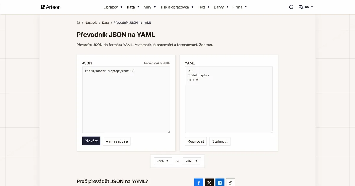 Snímek obrazovky bezplatného nástroje Arteon: Převodník JSON na YAML