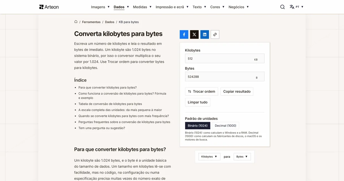 Captura de ecrã da ferramenta gratuita da Arteon: Converta kilobytes para bytes