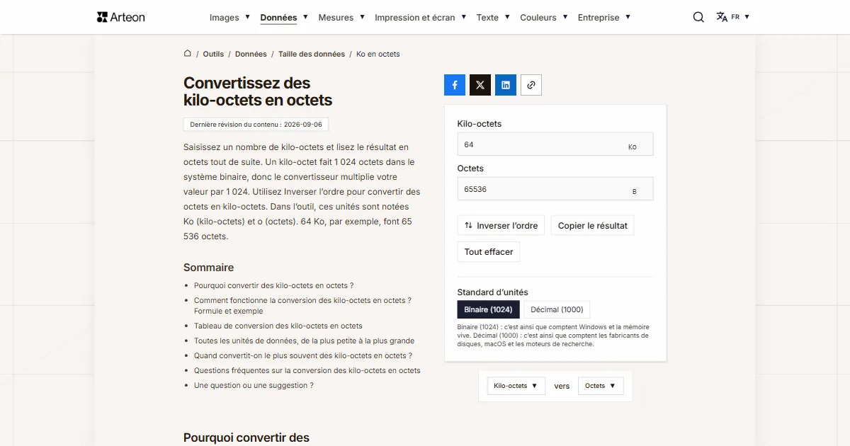 Capture d'écran de l'outil gratuit d'Arteon: Convertissez des kilo-octets en octets