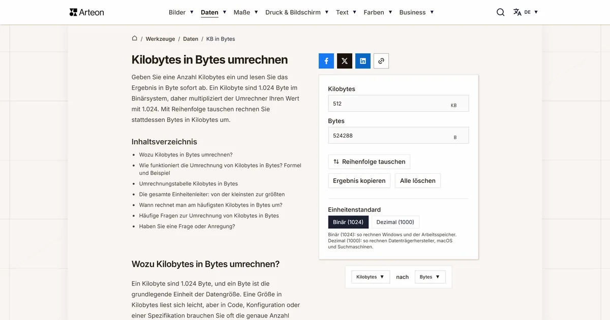 Screenshot des kostenlosen Arteon-Werkzeugs: Kilobytes in Bytes umrechnen