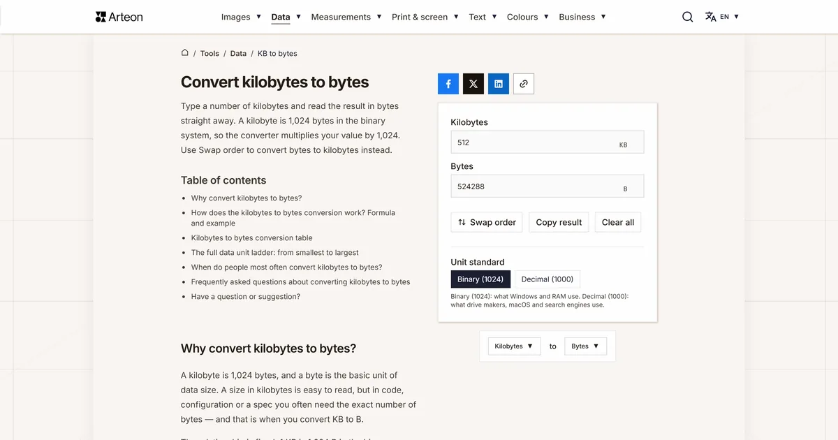 Arteon free tool screenshot: Convert kilobytes to bytes