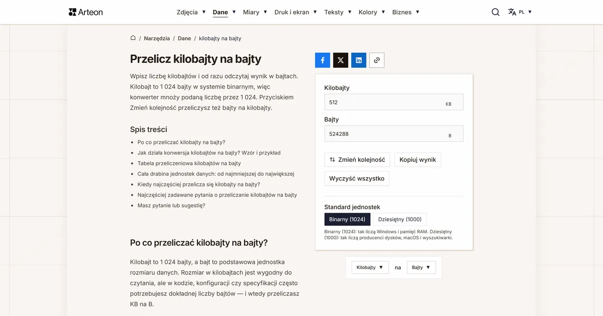 Zrzut ekranu darmowego narzędzia Arteon: Przelicz kilobajty na bajty