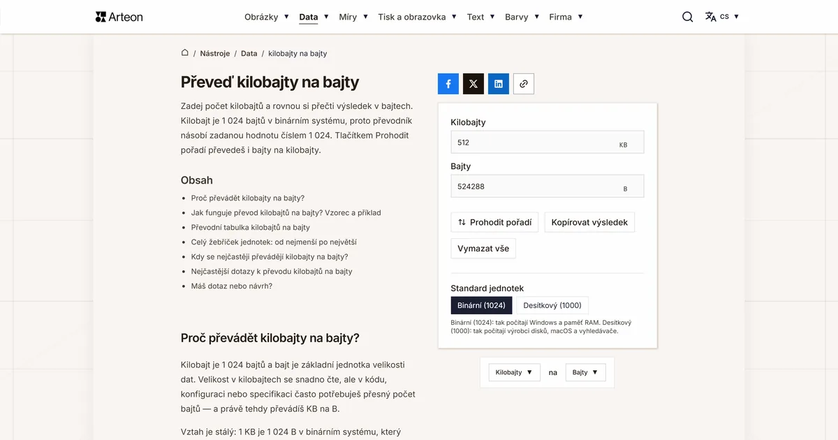 Snímek obrazovky bezplatného nástroje Arteon: Převeď kilobajty na bajty