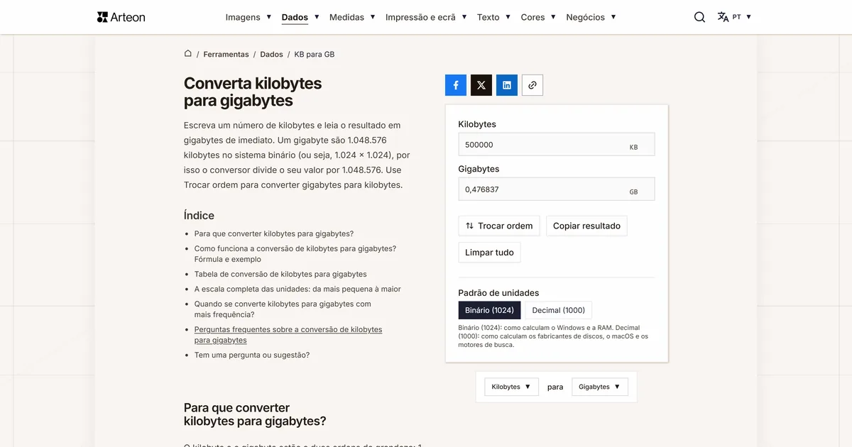 Captura de ecrã da ferramenta gratuita da Arteon: Converta kilobytes para gigabytes