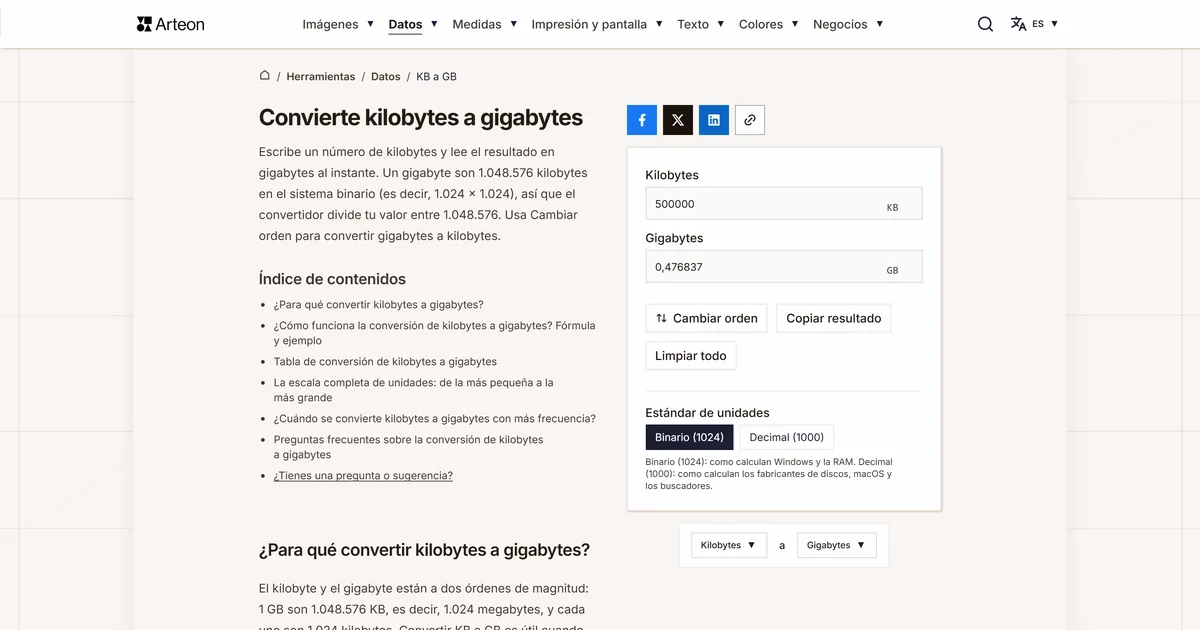 Captura de pantalla de la herramienta gratuita de Arteon: Convierte kilobytes a gigabytes