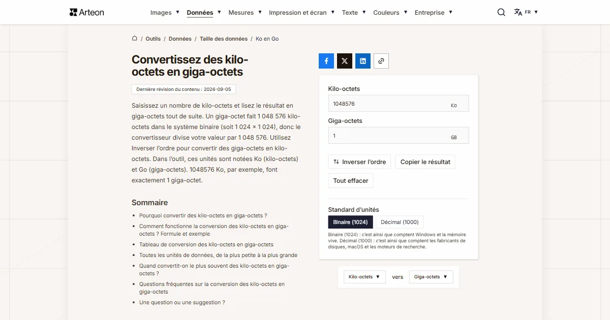 Capture d'écran de l'outil gratuit d'Arteon: Convertissez des kilo-octets en giga-octets