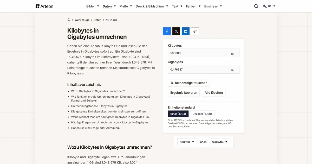 Screenshot des kostenlosen Arteon-Werkzeugs: Kilobytes in Gigabytes umrechnen