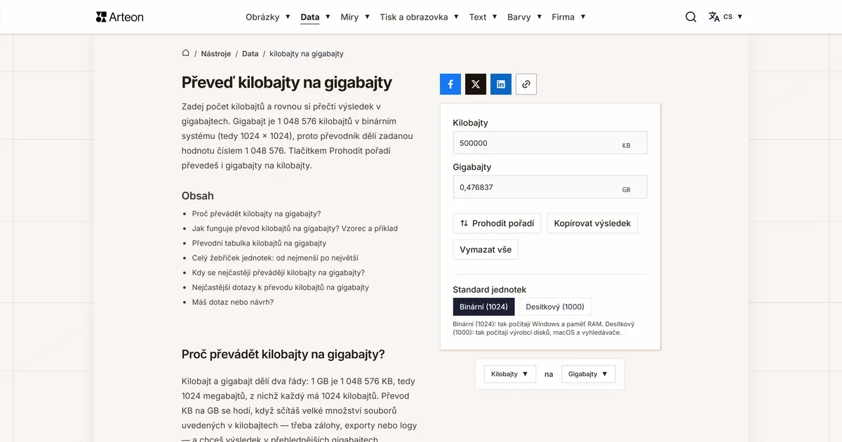 Snímek obrazovky bezplatného nástroje Arteon: Převeď kilobajty na gigabajty
