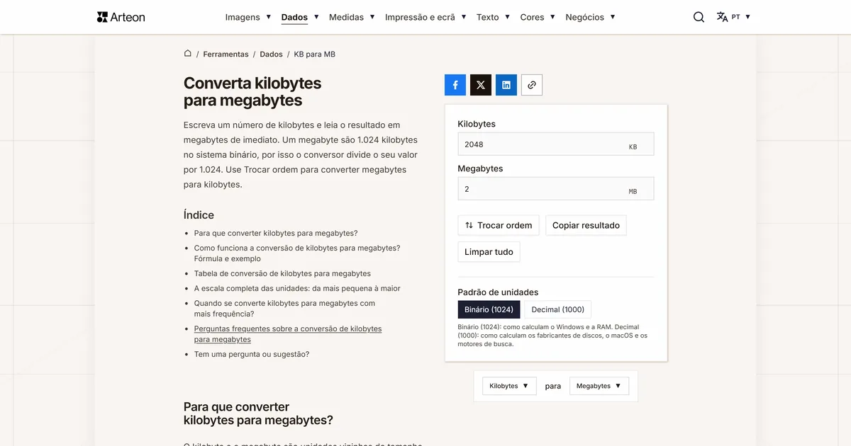 Captura de ecrã da ferramenta gratuita da Arteon: Converta kilobytes para megabytes