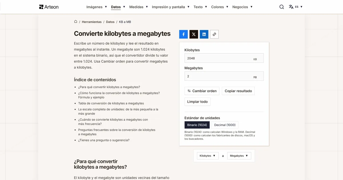 Captura de pantalla de la herramienta gratuita de Arteon: Convierte kilobytes a megabytes