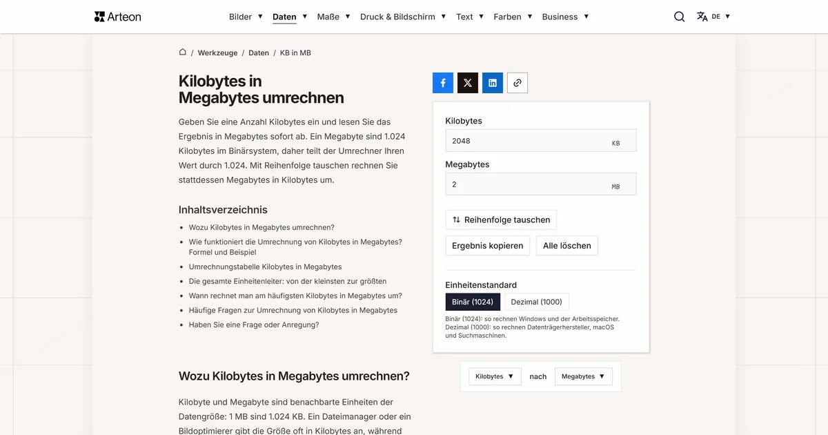 Screenshot des kostenlosen Arteon-Werkzeugs: Kilobytes in Megabytes umrechnen