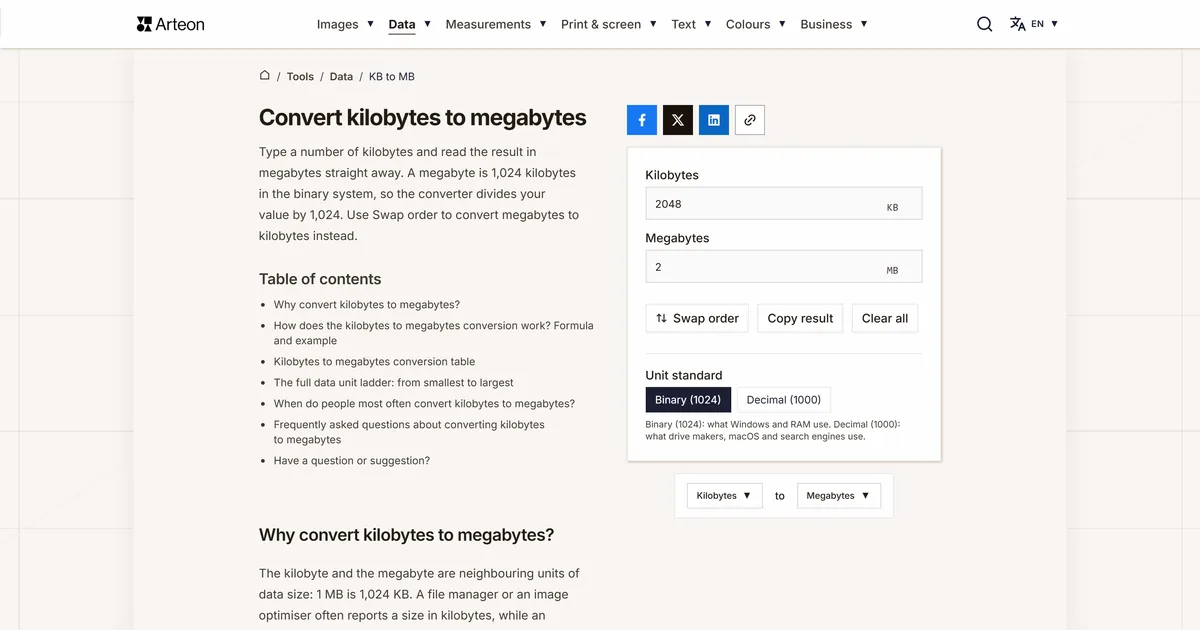 Arteon free tool screenshot: Convert kilobytes to megabytes