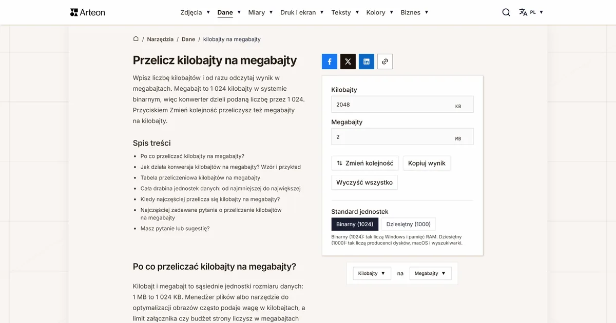Zrzut ekranu darmowego narzędzia Arteon: Przelicz kilobajty na megabajty