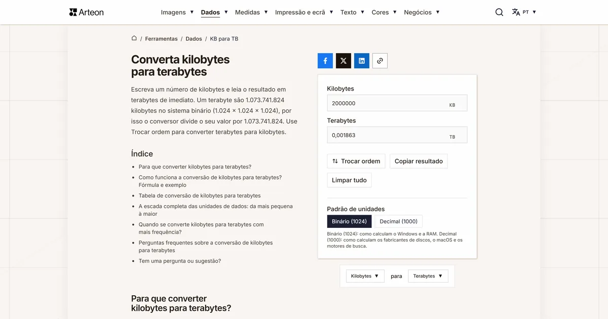 Captura de ecrã da ferramenta gratuita da Arteon: Converta kilobytes para terabytes
