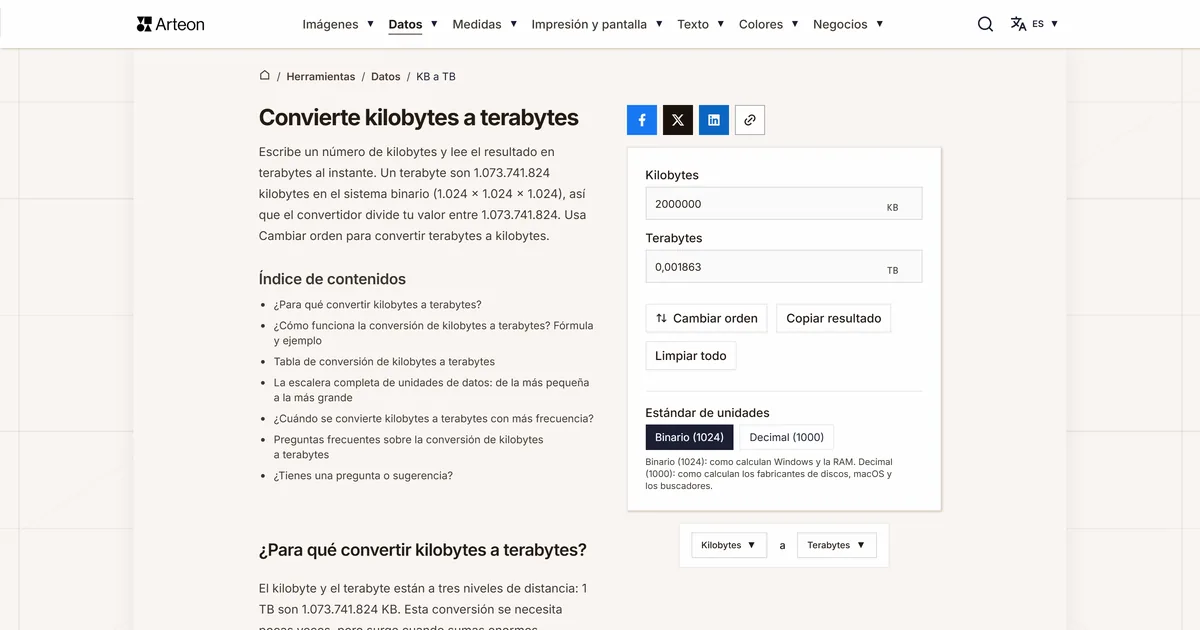 Captura de pantalla de la herramienta gratuita de Arteon: Convierte kilobytes a terabytes