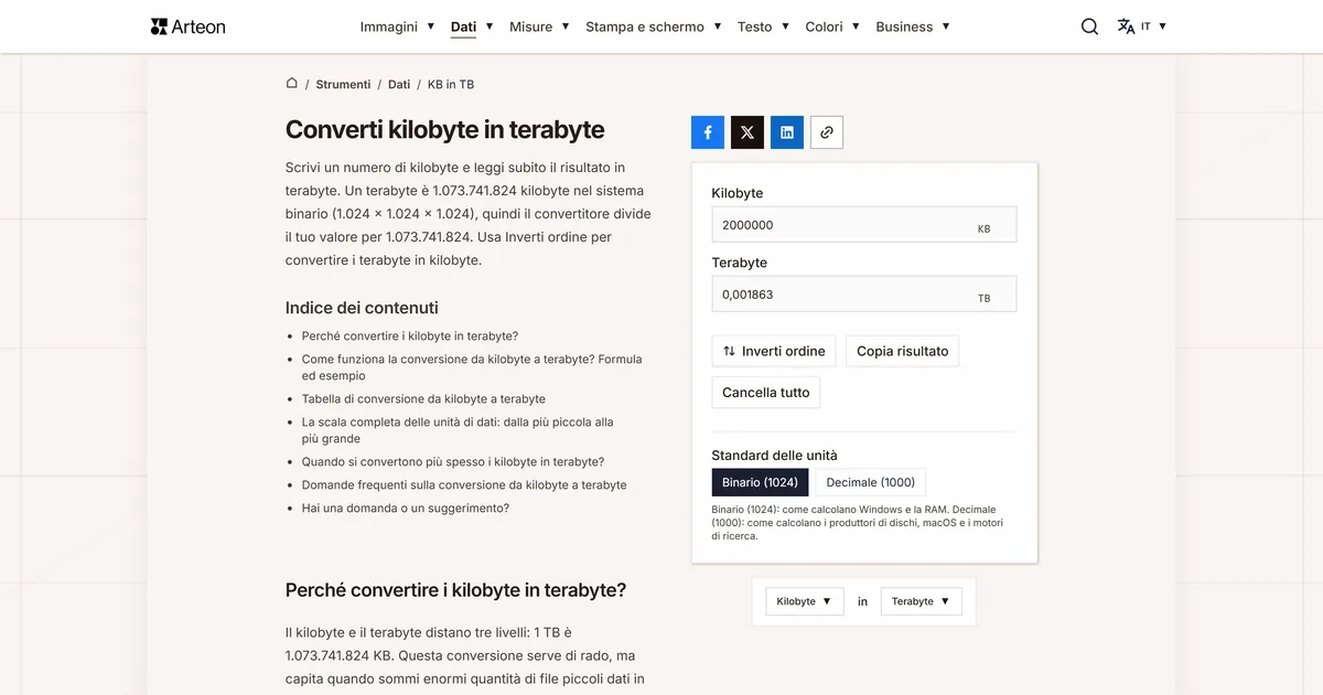 Screenshot dello strumento gratuito Arteon: Converti kilobyte in terabyte