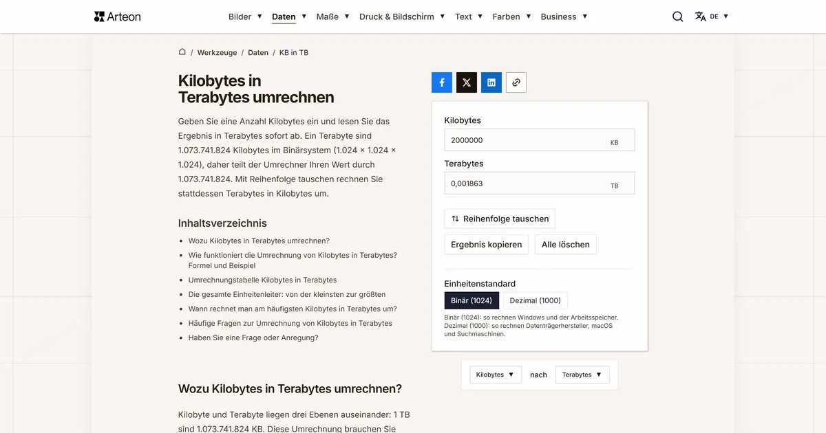 Screenshot des kostenlosen Arteon-Werkzeugs: Kilobytes in Terabytes umrechnen