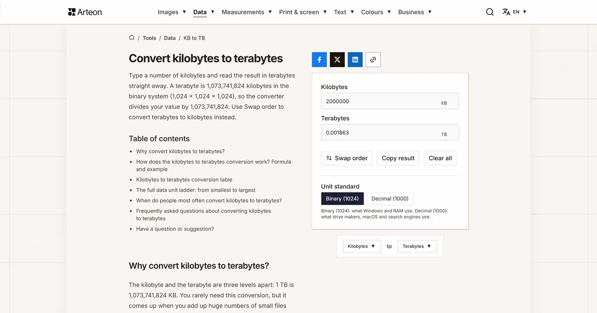 Arteon free tool screenshot: Convert kilobytes to terabytes