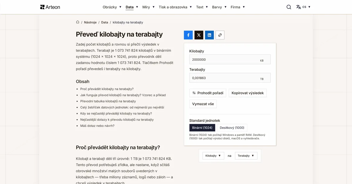 Snímek obrazovky bezplatného nástroje Arteon: Převeď kilobajty na terabajty