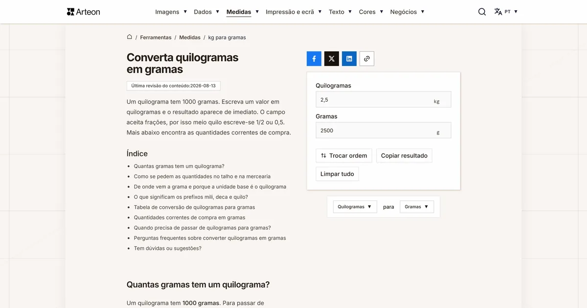 Captura de ecrã da ferramenta gratuita da Arteon: Converta quilogramas em gramas
