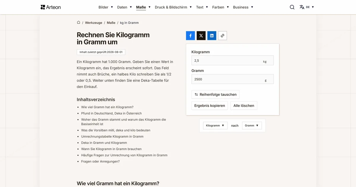 Screenshot des kostenlosen Arteon-Werkzeugs: Rechnen Sie Kilogramm in Gramm um
