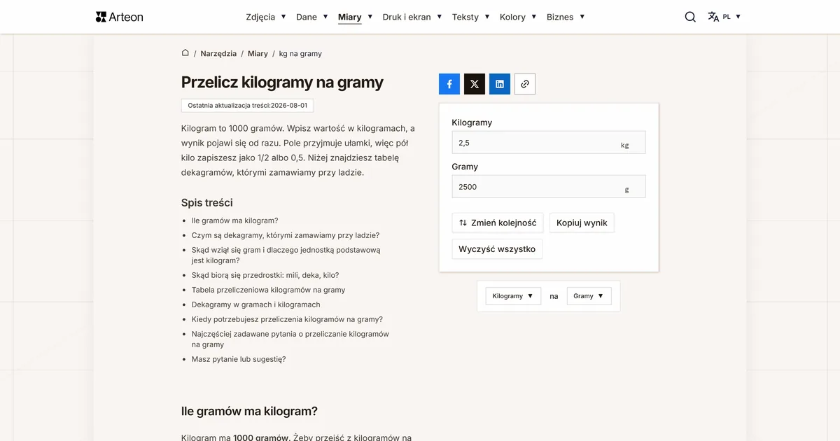 Zrzut ekranu darmowego narzędzia Arteon: Przelicz kilogramy na gramy