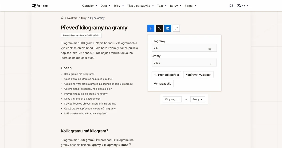 Snímek obrazovky bezplatného nástroje Arteon: Převeď kilogramy na gramy