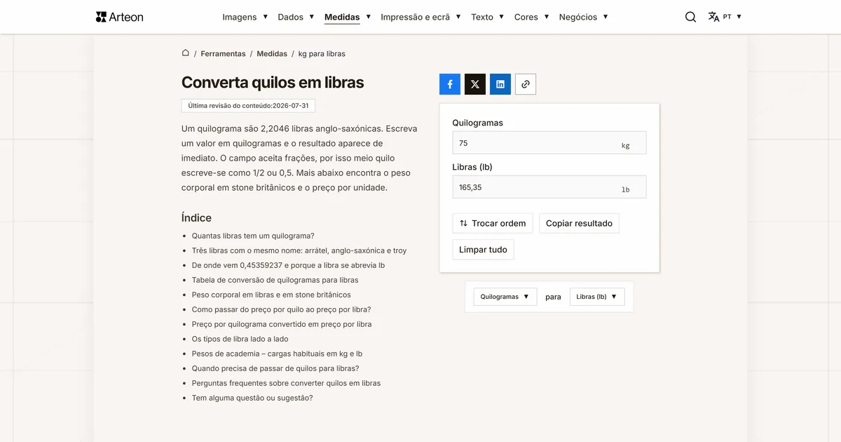 Captura de ecrã da ferramenta gratuita da Arteon: Converta quilos em libras