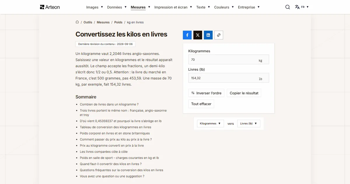 Capture d'écran de l'outil gratuit d'Arteon: Convertissez les kilos en livres