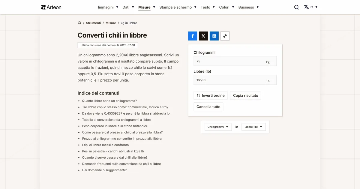 Screenshot dello strumento gratuito Arteon: Converti i chili in libbre