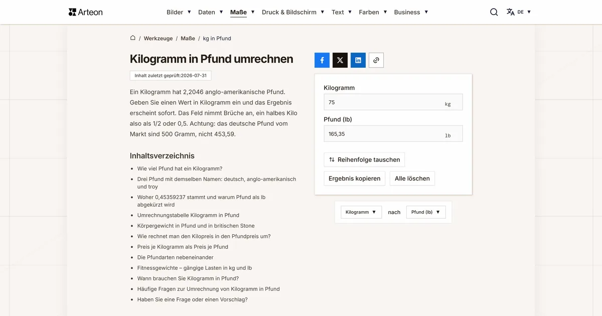 Screenshot des kostenlosen Arteon-Werkzeugs: Kilogramm in Pfund umrechnen
