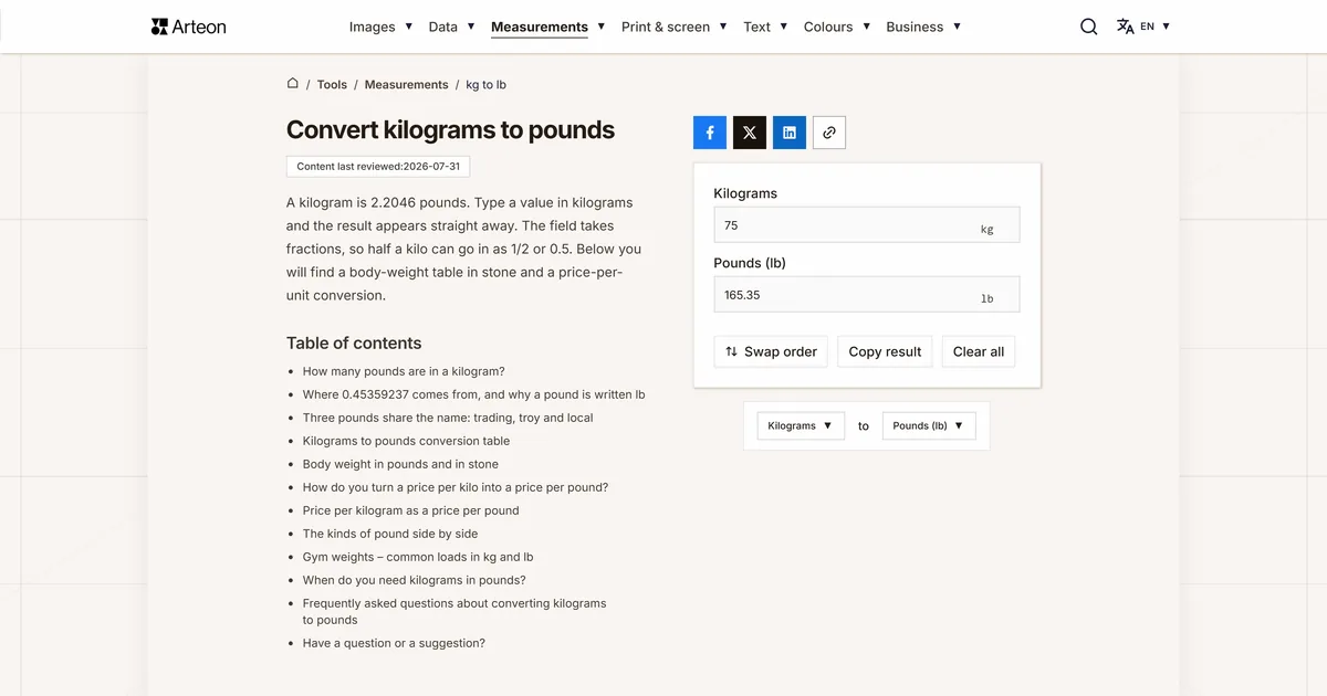 Arteon free tool screenshot: Convert kilograms to pounds