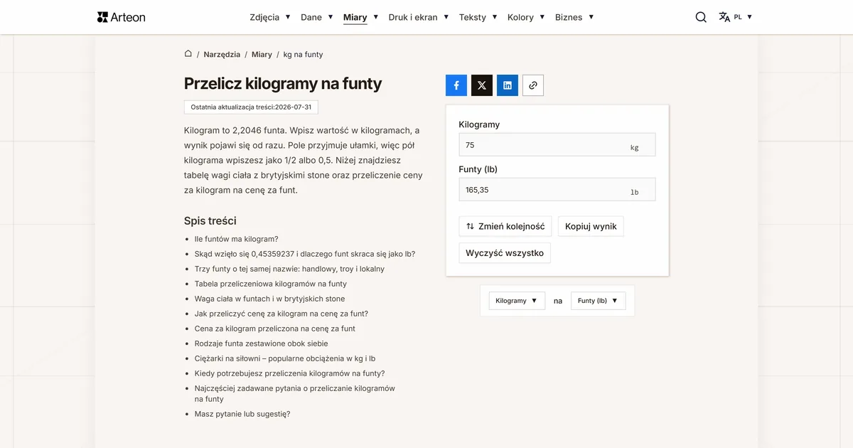 Zrzut ekranu darmowego narzędzia Arteon: Przelicz kilogramy na funty